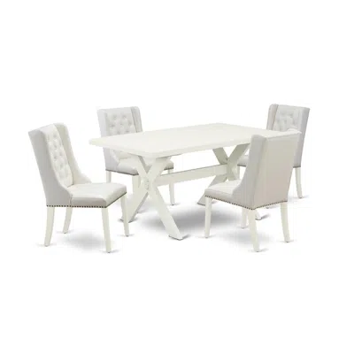 East West Furniture X026fo244-5 5-pc Dining Table Set Contains 4 White Pu Leather Dining Chairs Button Tufted With Nailh