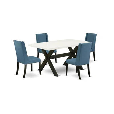 East West Furniture 5-piece Stylish Rectangular Dining Room Table Set A Good Linen White Wood Table Top And 4 Amazing Li In Blue