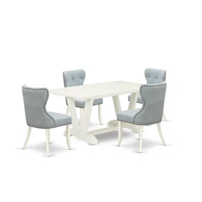 East West Furniture 5-piece Dining Room Table Set- 4 Parson Chairs With Baby Blue Linen Fabric Seat And Button Tufted Ch In White
