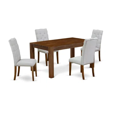 East West Furniture 5-piece Dining Room Table Set- 4 Upholstered Dining Chairs With Grey Linen Fabric Seat And Button Tu In Brown
