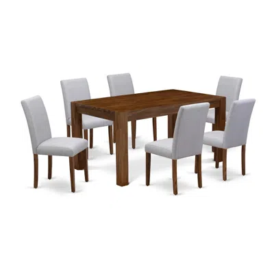 East West Furniture 7 Piece Dining Table Set Consist Of A Rectangle Rustic Wood Kitchen Table And 6 Grey Linen Fabric Up In Brown