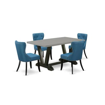 East West Furniture V696si121-5 5-piece Dining Table Set- 4 Upholstered Dining Chairs With Blue Linen Fabric Seat And Bu