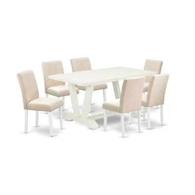 East West Furniture 7-pc Dining Room Table Set - 6 Parson Chairs And 1 Modern Rectangular Linen White Wooden Dining Tabl In Multi
