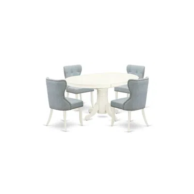East West Furniture A Dining Room Table Set Of 4 Excellent Parson Chairs With Linen Fabric Baby Blue Color And A Gorgeou In Multi
