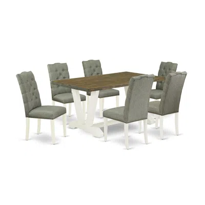 East West Furniture 7-pc Dining Table Set- 6 Dining Padded Chairs With Smoke Linen Fabric Seat And Button Tufted Chair B In Multi