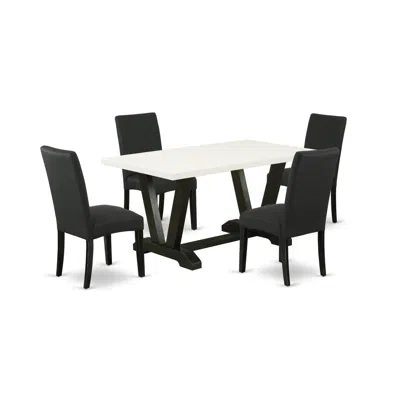 East West Furniture 5-pc Dining Table Set- 4 Upholstered Dining Chairs With Black Linen Fabric Seat And Stylish Chair Ba In Black