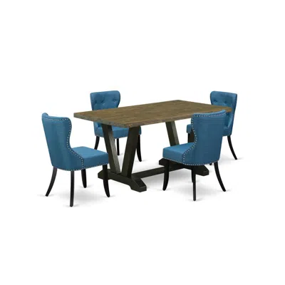 East West Furniture 5-pc Dining Room Set- 4 Dining Room Chairs With Blue Linen Fabric Seat And Button Tufted Chair Back In Multi