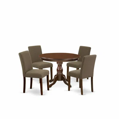 East West Furniture 5 Piece Dining Table Set - Mahogany Breakfast Table And 4 Coffee Linen Fabric Mid Century Modern Cha In Multi