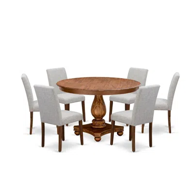 East West Furniture 7-piece Dinette Set - Kitchen Pedestal Table And 6 Doeskin Color Parson Wood Chairs With High Back In Multi