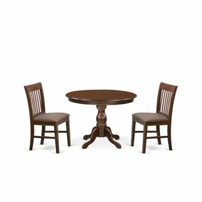 East West Furniture 3 Piece Kitchen Dining Table Set - Mahogany Small Dining Table And 2 Mahogany Linen Fabric Dining Ch In Brown