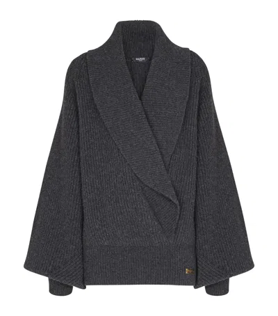 Balmain Oversized Ribbed Knit Pullover With Shawl Collar In Gray