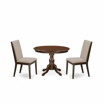 East West Furniture 3 Piece Dining Room Table Set - Mahogany Breakfast Table And 2 Light Tan Linen Fabric Kitchen & Dini In Multi