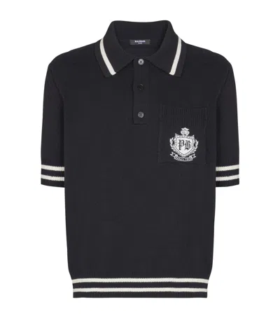 Balmain College Emblem Short Sleeve Polo Sweater In Black