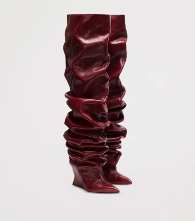 Balmain 95mm Calfskin Ruched Wedge Over-the-knee Boots In Red