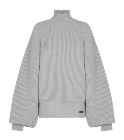 Balmain Oversized Turtleneck Ribbed Knit Sweater In Gray