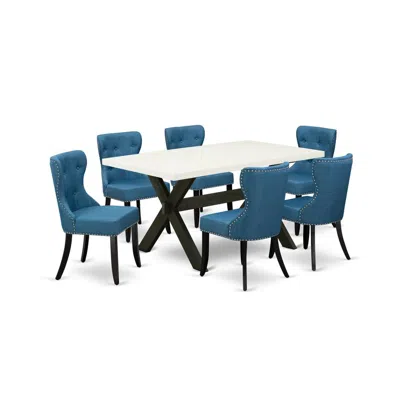 East West Furniture 7-pc Dining Table Set- 6 Parson Chairs With Blue Linen Fabric Seat And Button Tufted Chair Back In Multi