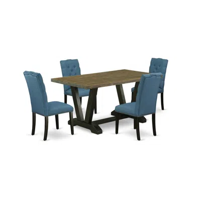 East West Furniture 5-piece Stylish An Excellent Distressed Jacobean Dining Table Top And 4 Gorgeous Linen Fabric Parson In Multi
