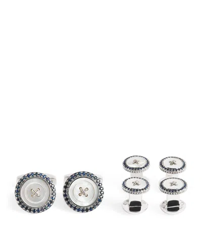 Tateossian Set Of 4 Rhodium-plated Sapphire Button Cufflinks In Silver