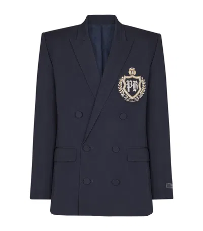 Balmain Wool Crystal-embellished Emblem Blazer In Blue