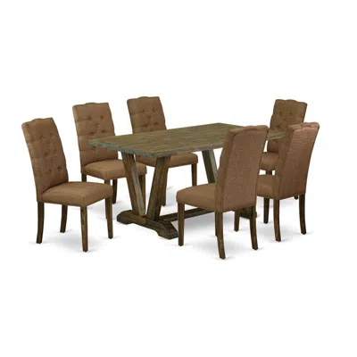 East West Furniture 7-piece Small Dining Table Set - 6 Dining Chairs And A Rectangular Dinner Table Hardwood Structure In Multi