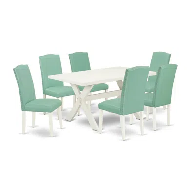 East West Furniture X026en257-7 - 7-piece Small Dining Table Set - 6 Padded Parson Chairs And A Rectangular Table Hardwo In Green