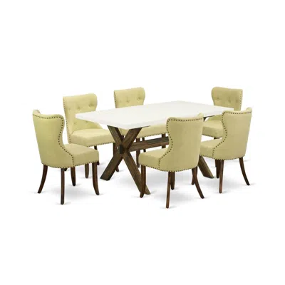East West Furniture 7-pc Dining Room Table Set- 6 Upholstered Dining Chairs With Limelight Linen Fabric Seat And Button  In Yellow