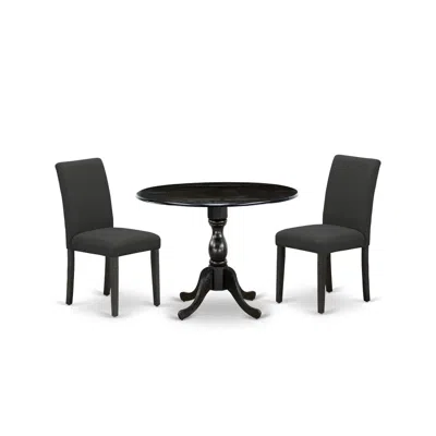 East West Furniture 3 Piece Modern Dining Table Set Includes 1 Drop Leaves Dining Room Table And 2 Black Linen Fabric Pa In Black