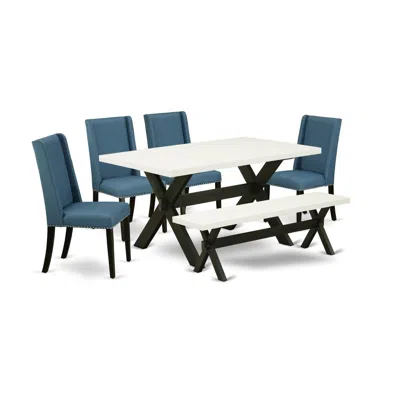 East West Furniture 6-piece Gorgeous Dinette Set A Superb Linen White Color Dining Table Top And Linen White Color Kitch In Blue