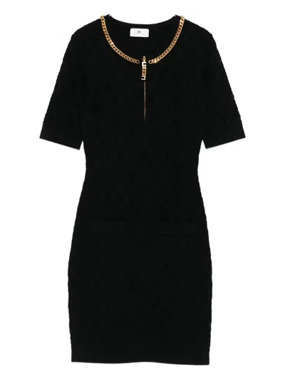 Elisabetta Franchi Mini Dress In Diamond Knit With Black Jewel Detail In Black
