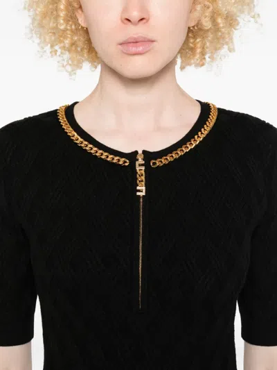 Elisabetta Franchi Mini Dress In Diamond Knit With Black Jewel Detail In Black