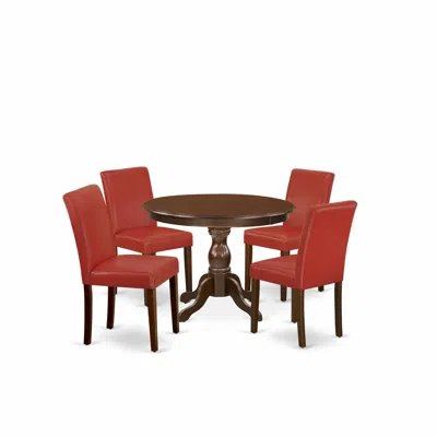 East West Furniture 5 Piece Dining Room Table Set - Mahogany Small Dining Table And 4 Firebrick Red Pu Leather Kitchen C In Multi