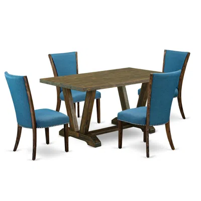 East West Furniture 5pc Dining Table Set Offers A Kitchen Table And 4 Parson Dining Chairs With Blue Color Linen Fabric, In Multi