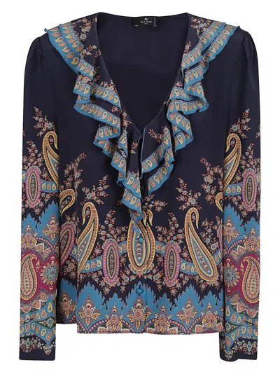 Etro Women's Long Sleeve Ruffled Neck Paisley Top In Blue