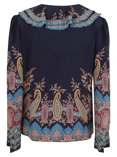 Etro Women's Long Sleeve Ruffled Neck Paisley Top In Blue