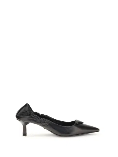 Prada Pointed Toe Kitten Heel Pumps With Ruched Detail In Black
