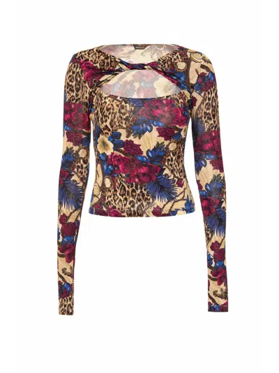Just Cavalli Mix-print Keyhole Top In Brown