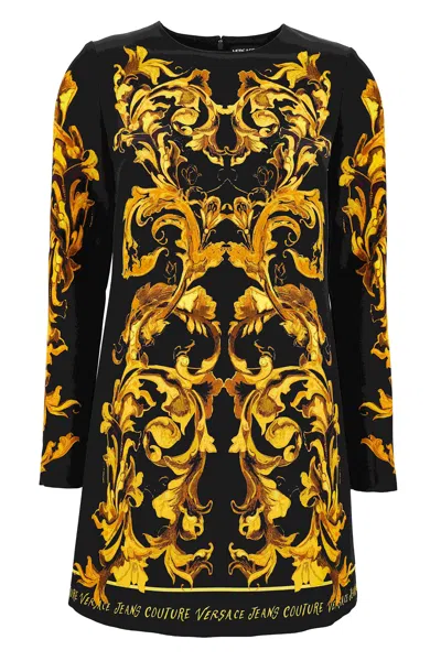 Versace Jeans Couture Baroque-print Long-sleeve Midi Dress In Black