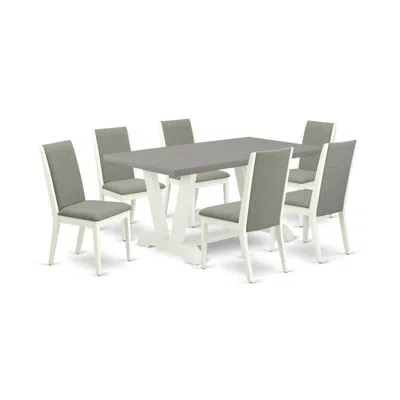 East West Furniture 7-piece Beautiful Dining Set A Superb Cement Color Wood Table Top And 6 Gorgeous Linen Fabric Dining In Gray