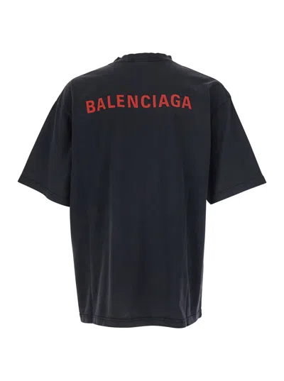 Balenciaga Black Crewneck T-shirt With Logo On The Front And On The Back In Cotton Man In Black