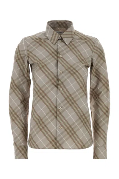 Burberry Women Beige Shirt With Pointed Collar And All-over Check Motif In Cotton Woman In Gray