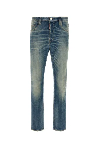 Dsquared2 Men Blue Jeans With Logo Patch On The Rear And Distressed Effect In Denim Man In Blue