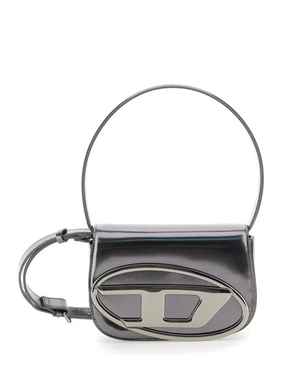 Diesel 1dr Silver-tone Shoulder Bag With Oval D Patch In Lamintaed Leather Woman In Gray