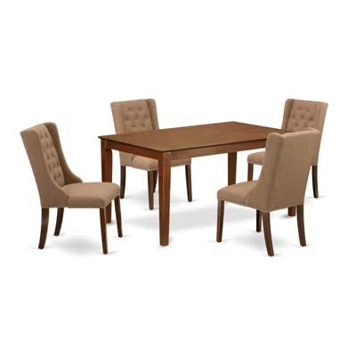 East West Furniture Cafo5-mah-47 5-pc Dinette Room Set Includes 1 Rectangular Dining Table And 4 Light Sable Linen Fabri In Brown