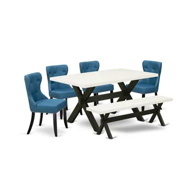 East West Furniture X626si121-6 6-piece Dining Table Set- 4 Upholstered Dining Chairs With Blue Linen Fabric Seat And Bu In Multi