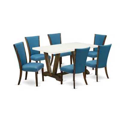 East West Furniture 7pc Dining Room Table Set Includes A Kitchen Table And 6 Parson Dining Chairs With Blue Color Linen  In Blue