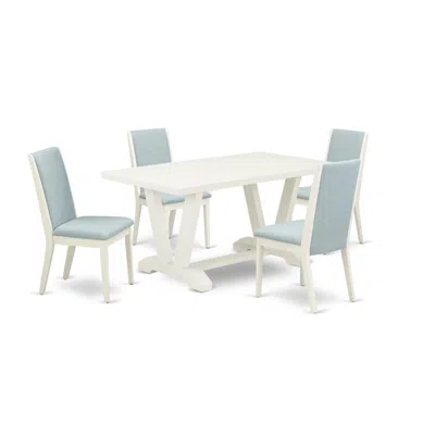 East West Furniture 5pc Kitchen Table Set Includes A Wood Table And 4 Parson Dining Chairs With Baby Blue Color Linen Fa In Blue