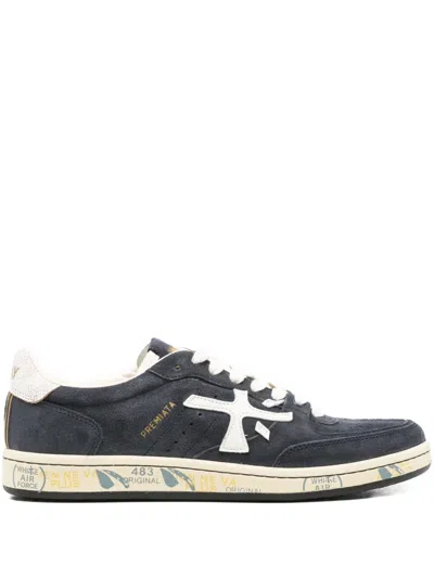 Premiata Navy Blue Low-top Sneakers With Distinctive Logo In Black