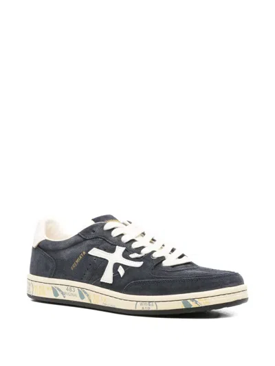 Premiata Navy Blue Low-top Sneakers With Distinctive Logo In Black
