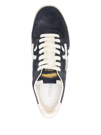 Premiata Navy Blue Low-top Sneakers With Distinctive Logo In Black