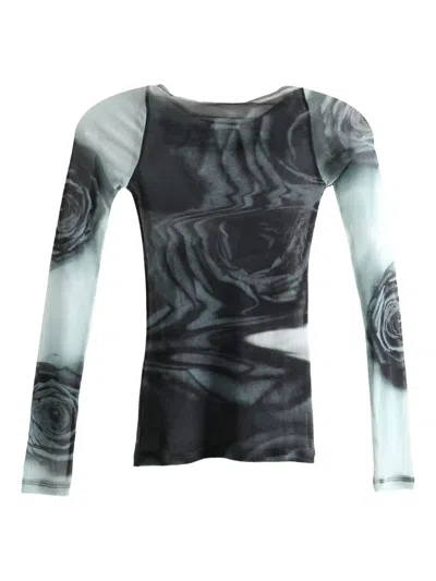 Jean Paul Gaultier Rose-print Mesh Top In Black